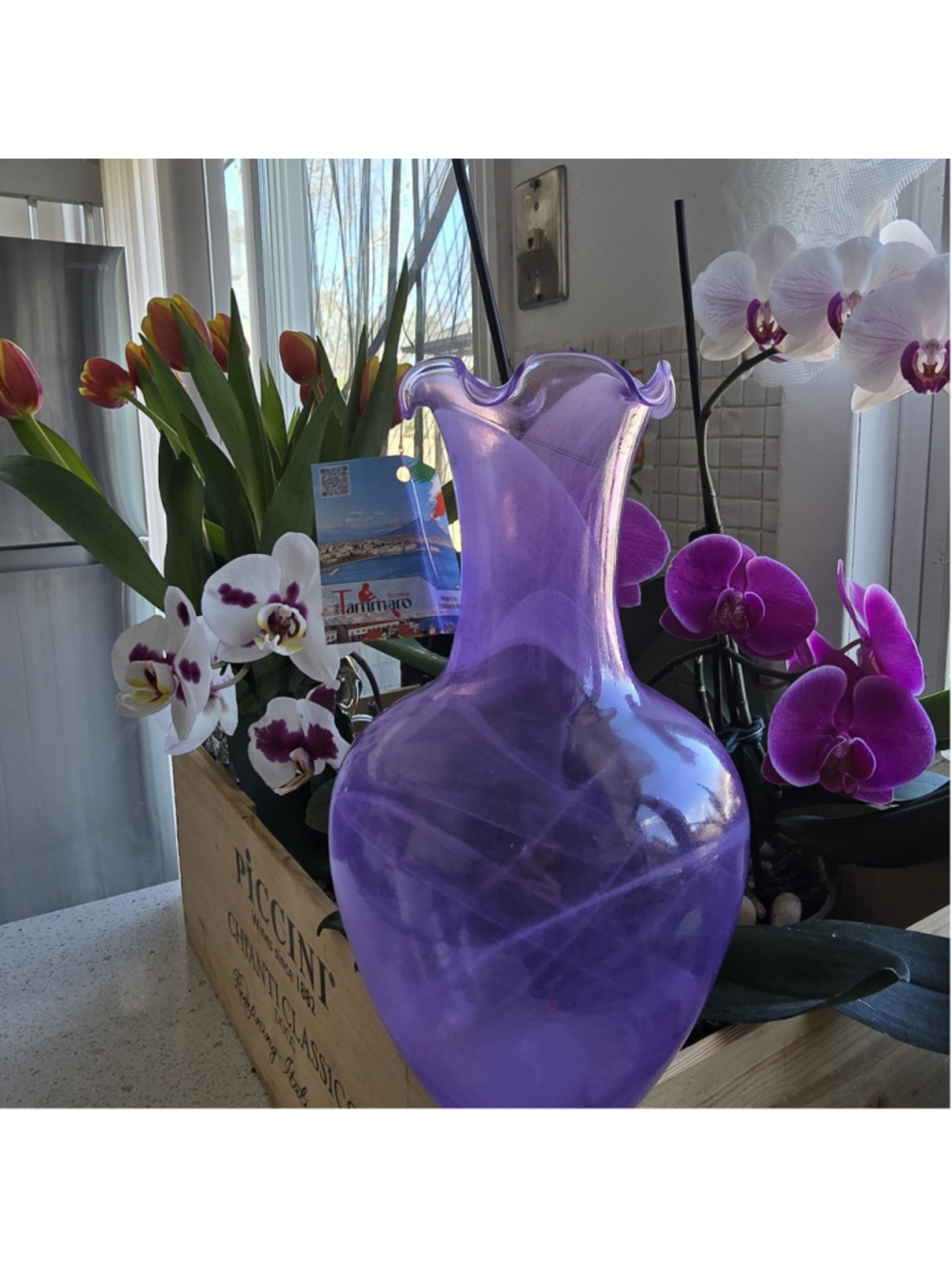 Vetro Eseguito Secondo Murano ItalyHand Blown Purple Swirl Glass Vase 12” NWT #2